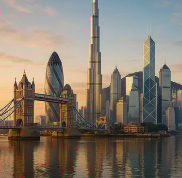 skyline london to dubai to hong kong