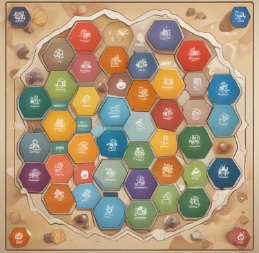 A board game is laid out on a wooden table with hexagonal tiles and various wooden pieces, including houses and roads. Some tiles have numerical tokens on them. There is a box in the background, along with cards and a mobile phone nearby.