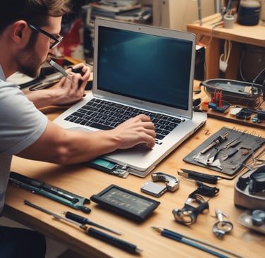 A person is repairing a smartphone with a damaged screen. They hold a screwdriver while wearing an anti-static wristband.