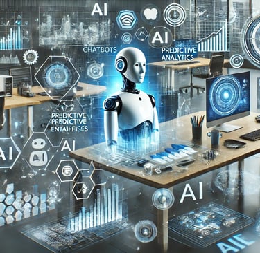 Robot d’intelligence artificielle dans un bureau moderne, illustrant les solutions IA pour PME.