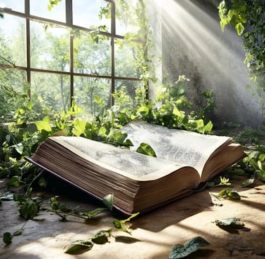 Livre ancien ouvert, baigné de lumière naturelle dans une pièce envahie par la nature, symbole de sa