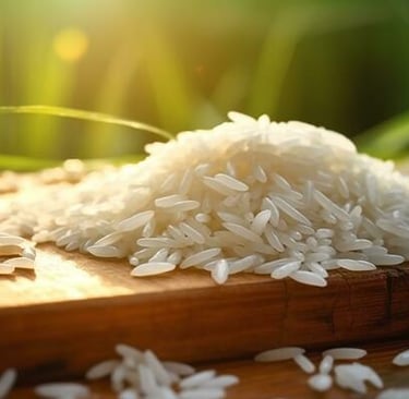 steamed white rice served on a wooden plate with soft lighting 