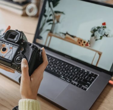 Photographer reviewing real estate photos for fast editing.