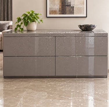 Water-resistant modern grey dresser with high-gloss finish showing water droplets on the surface.