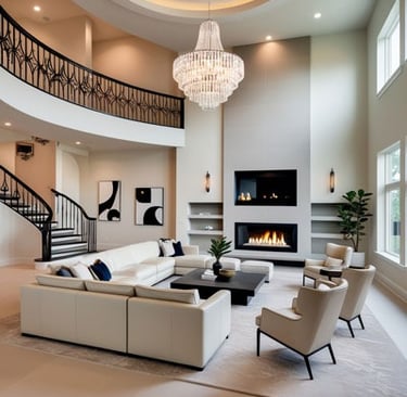 a living room with a large chandelier and a chandelier