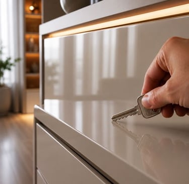 A hand tests the scratch resistance of a glossy beige cabinet surface with a metal key.