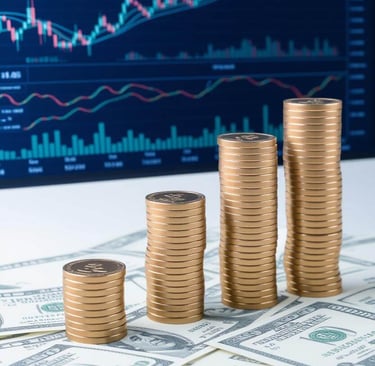 stacks of coins and stacks of coins on a desk