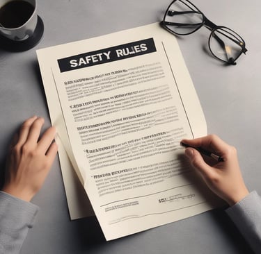 A prominently displayed safety instruction sign at a secure area entry point. It lists various rules including: port safety induction required, flashing beacon and headlights on, children not permitted, speed limit of 20km/h, no public entry, extreme caution with heavy machinery, no handheld devices, drug and alcohol-free site, specific clothing and footwear requirements, and no bicycles. Additionally, it warns of hazardous substances present, such as oxidizing and flammable agents, toxic and corrosive materials, with emergency contact information provided.