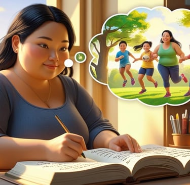 Person journaling by a window, with a thought bubble showing deeper motivations like family,