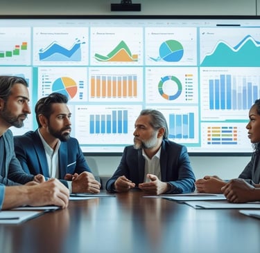 Founder reviewing key metrics on a dashboard, decision-making mood, charts in boardroom