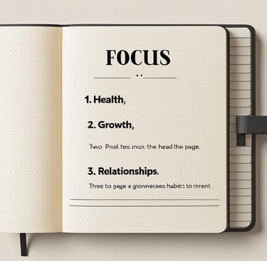Notebook page divided into 3 sections labeled Health, Focus, and Relationships — each with one habit