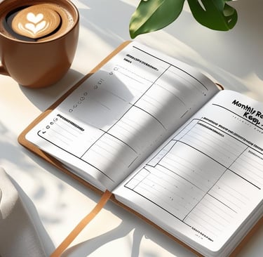 Peaceful journaling scene with a coffee cup, planner, and a page titled ‘Monthly Reflection: 
