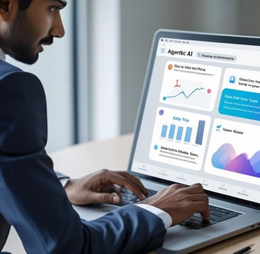 Person working on a laptop with AI tools on-screen — charts, text suggestions, smart assistant 