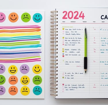 Wall calendar with hand-drawn habit streaks and smiley stickers, next to a notebook