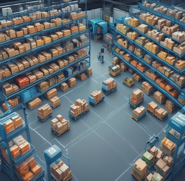 Yapay zeka destekli alokasyon sistemleriyle optimize edilen modern bir depo ve otonom taşıma araçlar