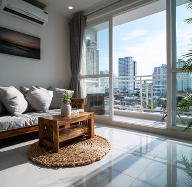 Modern studio apartment interior in Phnom Penh with white tiles and simple furniture