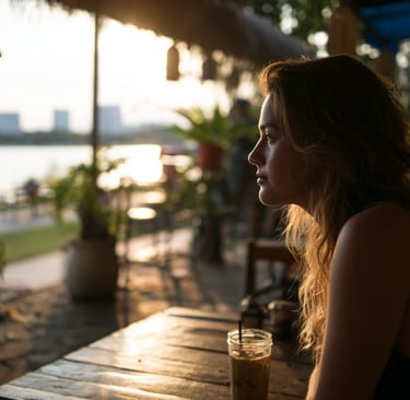 Young foreigner drinking iced coffee at a Phnom Penh riverside cafe with skyline in the background