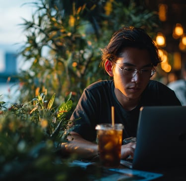 Young expat using a laptop at a Phnom Penh riverside cafe with the river and skyline in background