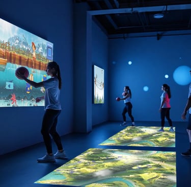 a group of people standing in front of a video game