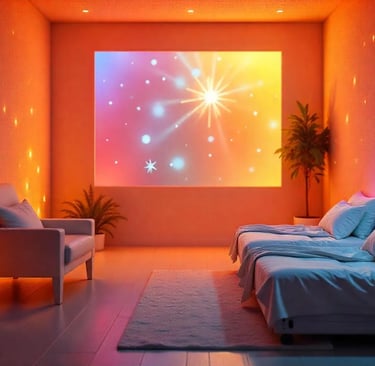 a room with a couch and a television screen