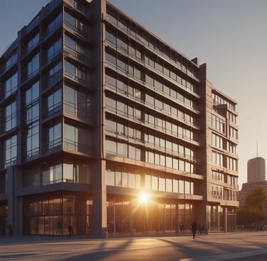 A sign for 'Shallom Komputer' is displayed prominently on the facade of a building, surrounded by lush green trees. The sign offers information about services related to hardware, software, networking, and accessories. The building features several rectangular windows and air conditioning units.