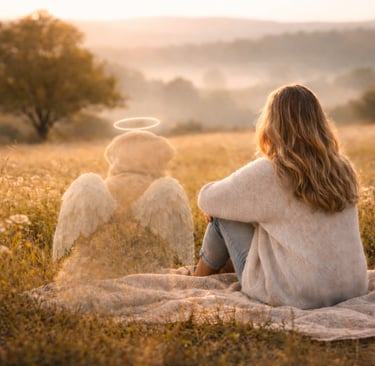 girl sitting in field with angel dog missing him