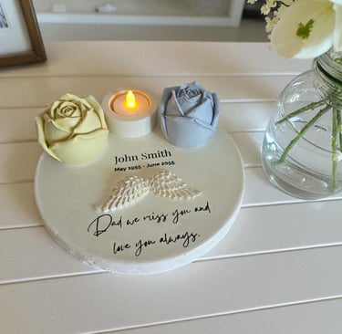 Dad memorial made from hydrostone with roses and a tea light holder