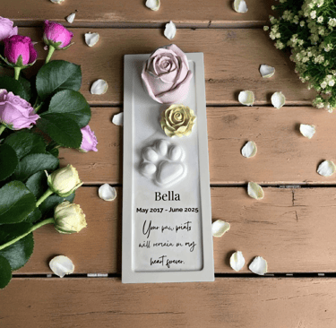 dog memorial with paw print and roses