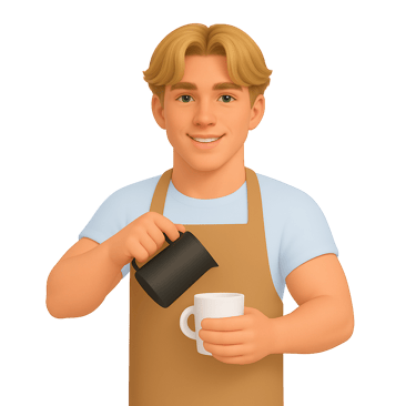 a man in aprons and aprons holding a coffee cup