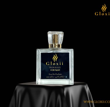RON BLAZE by Gloxii premium smoky scent displayed in studio lighting.”