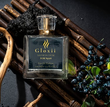 Gloxii SAFFRON DUSK perfume bottle with saffron-inspired warm tones.”