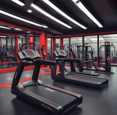 A gym setting featuring a variety of workout equipment. Resistance bands and TRX straps are hanging on the wall. Kettlebells in different colors are placed on a rack, and a box labeled 'Bulldog Gear' is situated against a gray brick wall. The floor is covered with black gym mats, and there's a wooden panel on the right side.