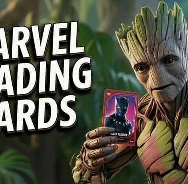 Groot holding a Black Panther trading card