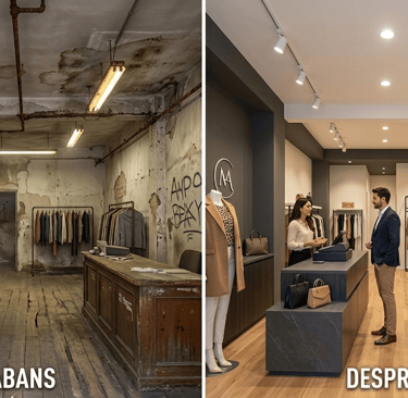 Before and after comparison of a retail clothing store renovation with modern interior design and track lighting.