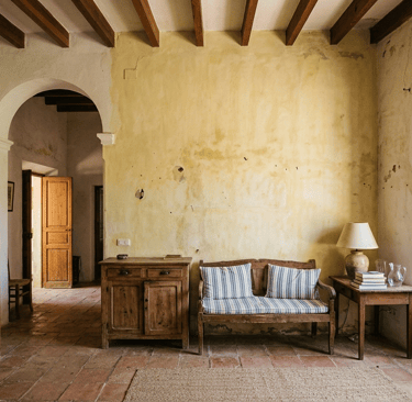 Rustic Mediterranean interior with terracotta tile floors, exposed wood beams, and an antique wooden bench.