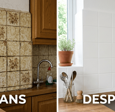 Before and after comparison of old floral kitchen tiles painted with white tile paint.