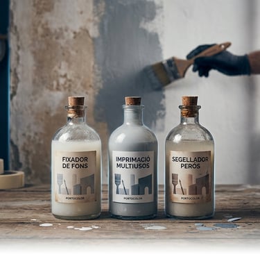 Professional painting supplies including primer, fixative, and sealers for wall preparation.