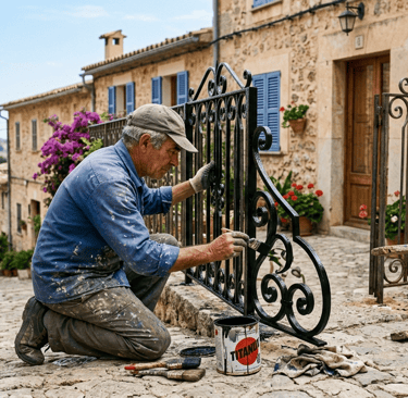 A skilled worker restores and paints a black wrought iron gate on a rustic cobblestone street.