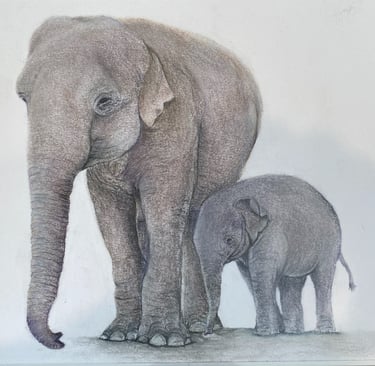 Adult elephant with its calf in Pastel