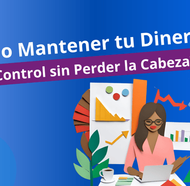 Ilustración de mujer revisando finanzas con gráficas, representa control del dinero sin estrés al emprender.                 
