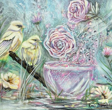 A contemporary painting of two yellow birds perched by roses in a garden with dew drops