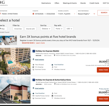 ihg website to show how you can book a hotel in hawaii for less than 40K IHG points per night