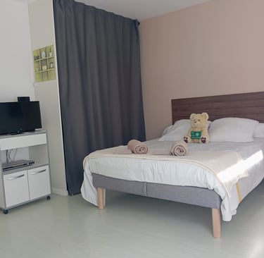 Lit double confortable et accueil personnalisé dans la chambre du Gîte Bricabroc en Sarthe