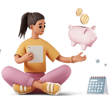 a woman sitting on a couch with a piggy