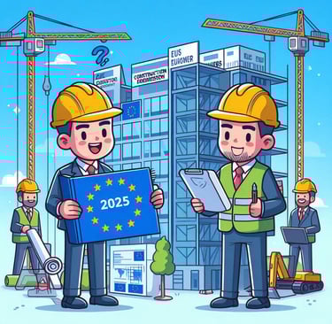 Cartoon engineers erecting EU buildings