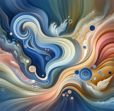 Flowing abstract forms symbolizing interconnected soft skills, balance, adaptability, creativity, an