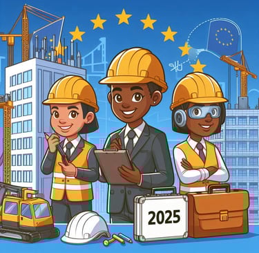 Cartoon engineers erecting EU buildings 2