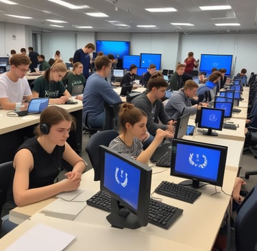 young people sitting a computerized test -black blue and yellow textile