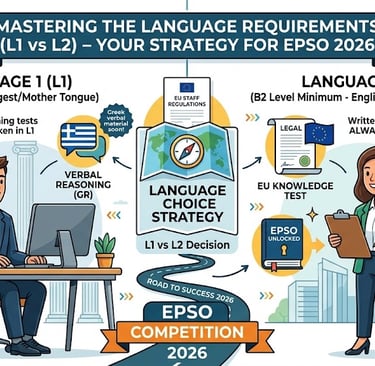 EPSO Exam Language Choice Strategy L1 vs L2 Cartoon Illustration 2026
