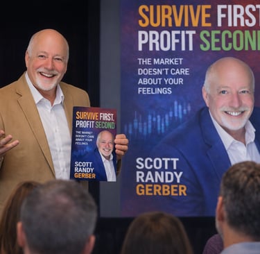 Author Scott Randy Gerber presents his business book Survive First Profit Second to an audience.